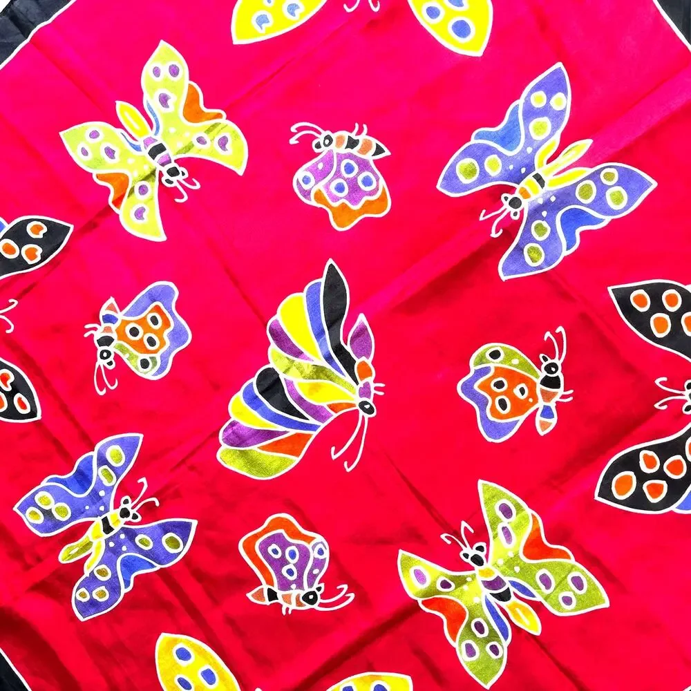 Vintage silk scarf red square black border & mod multi color butterflies motif
